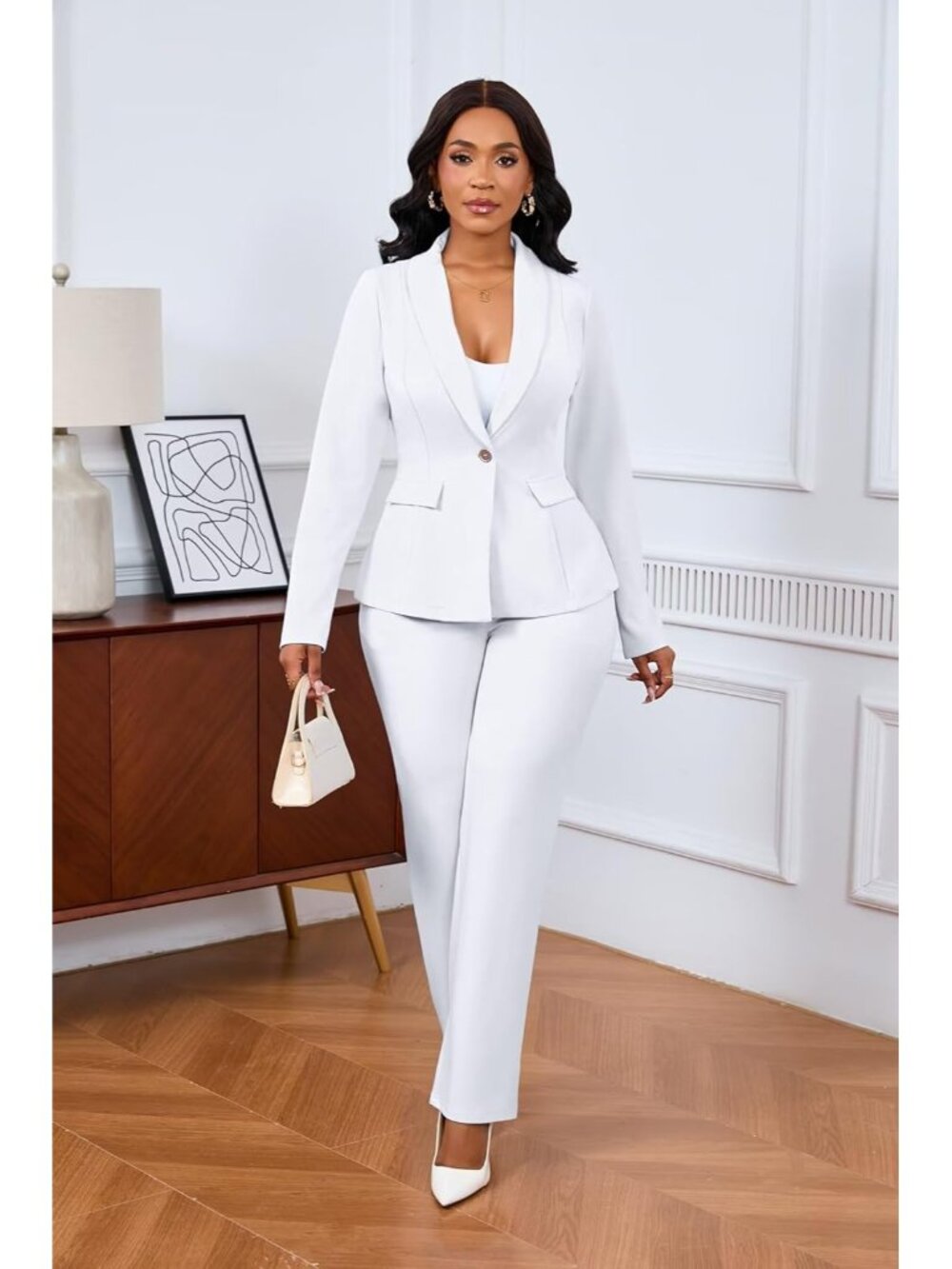 Women's White 2 Piece Pant Suits Dressy Blazer Straight Leg Set Formal Outfits - Picture 6 of 6